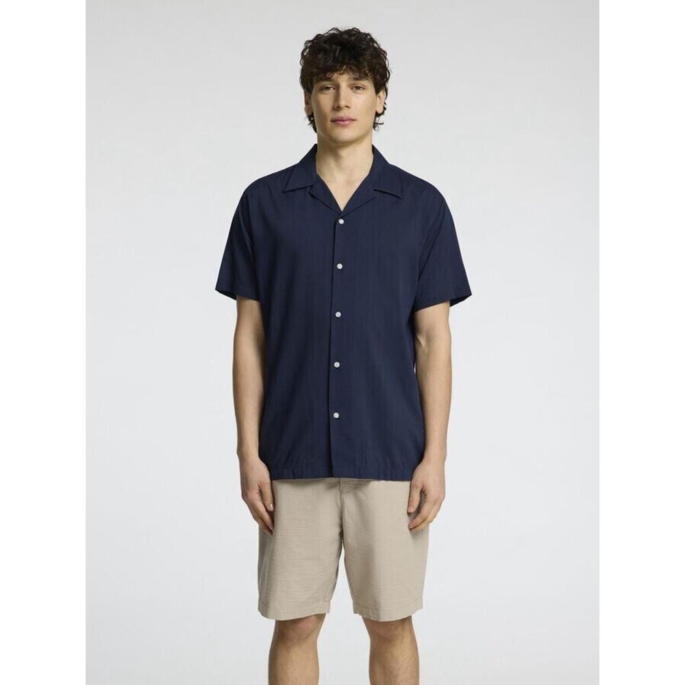 Selected Homme Slim Cuban Collar Shirt Sky Captain Blue Short Sleeve Size 18 / M
